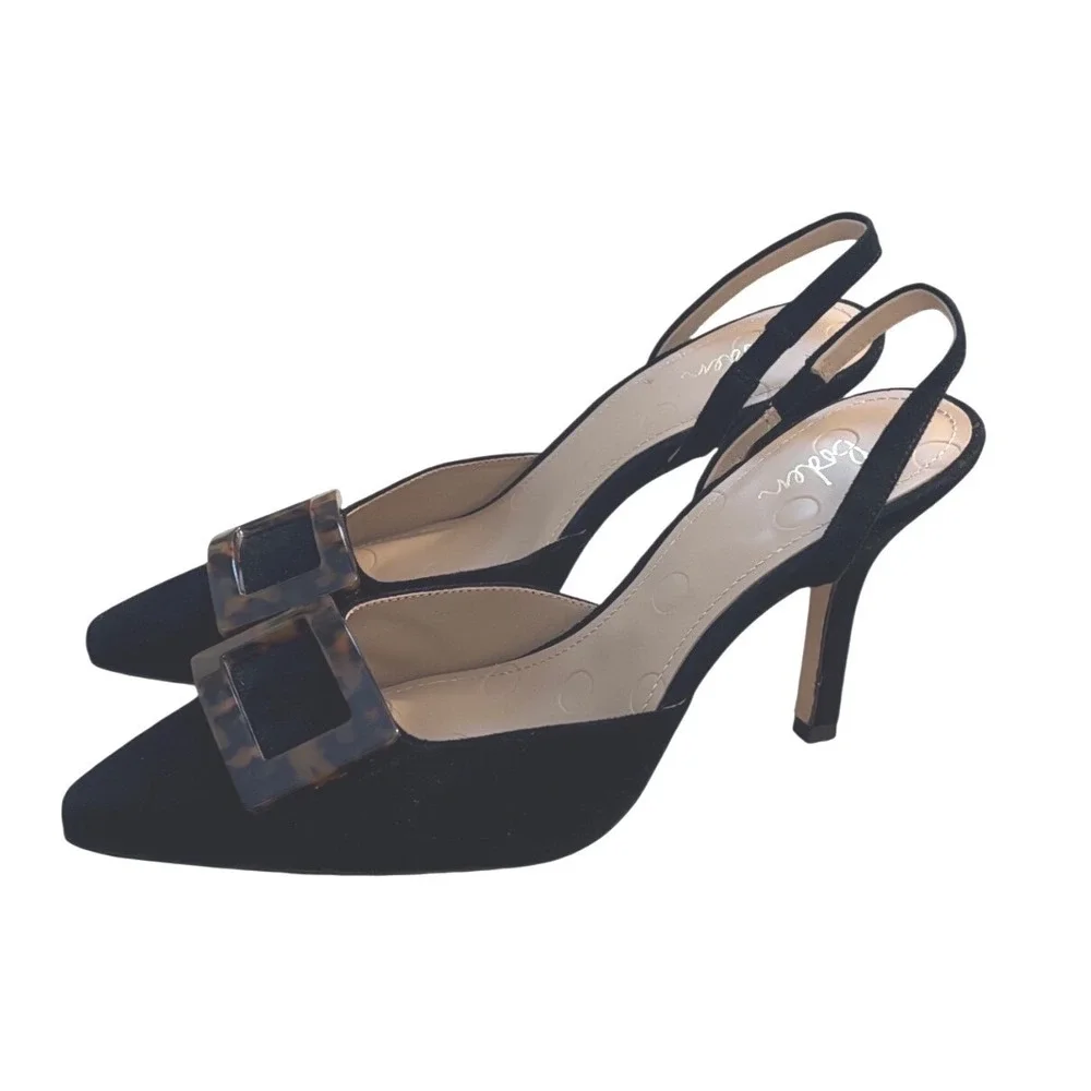 Boden Black Suede Slingback Pumps Tortoise Buckle Pointed Toe Heel Womens 39 / 8